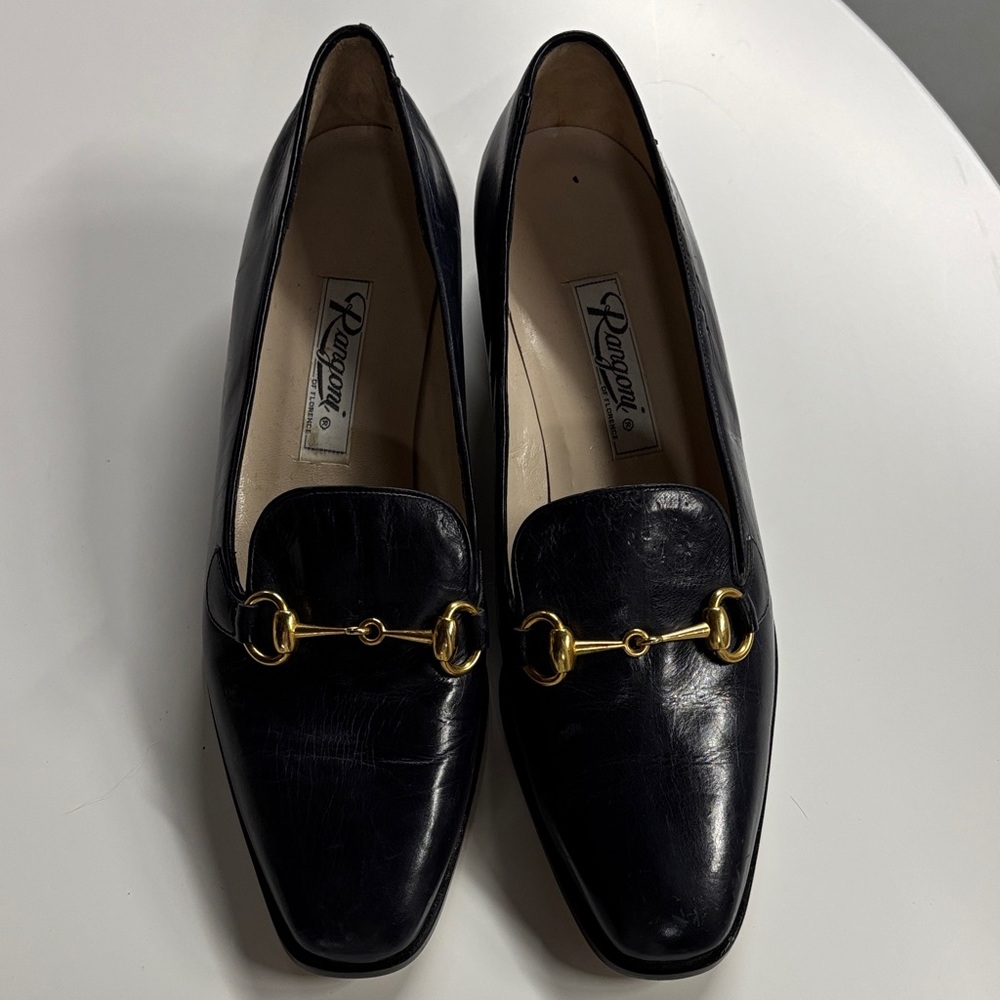 Rangoni Black Leather Loafers with Gold Horsebit 9B